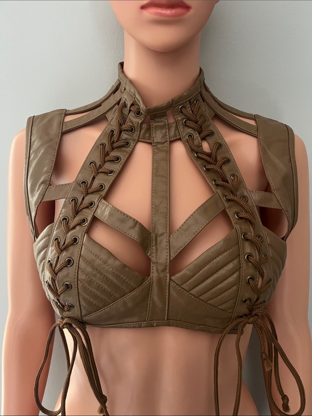 ‼️NEW‼️Dolls Kill Club Exx Lace-Up Strappy Tan Faux Leather Crop Top Small
